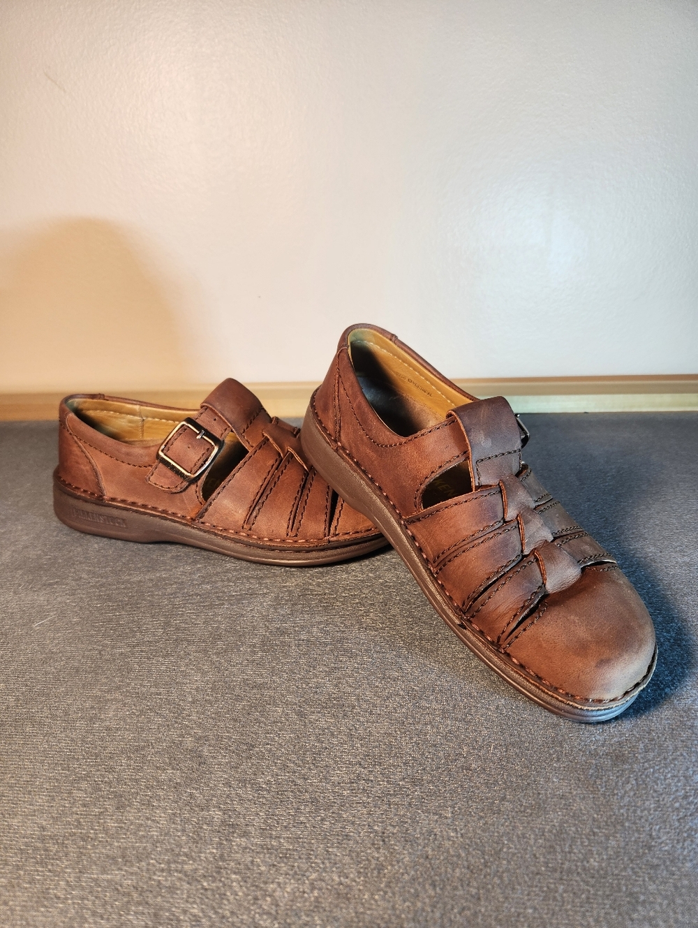 BIRKENSTOCK Madeira Woven Leather Fisherman Sandal Carmel Womens Size 5 36 EU